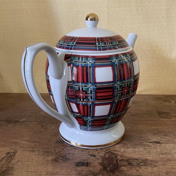 Willams Sonoma Stuart Dress Tartan Teapot White Red Gold Holiday 4 Cup Japan - Picture 6 of 14